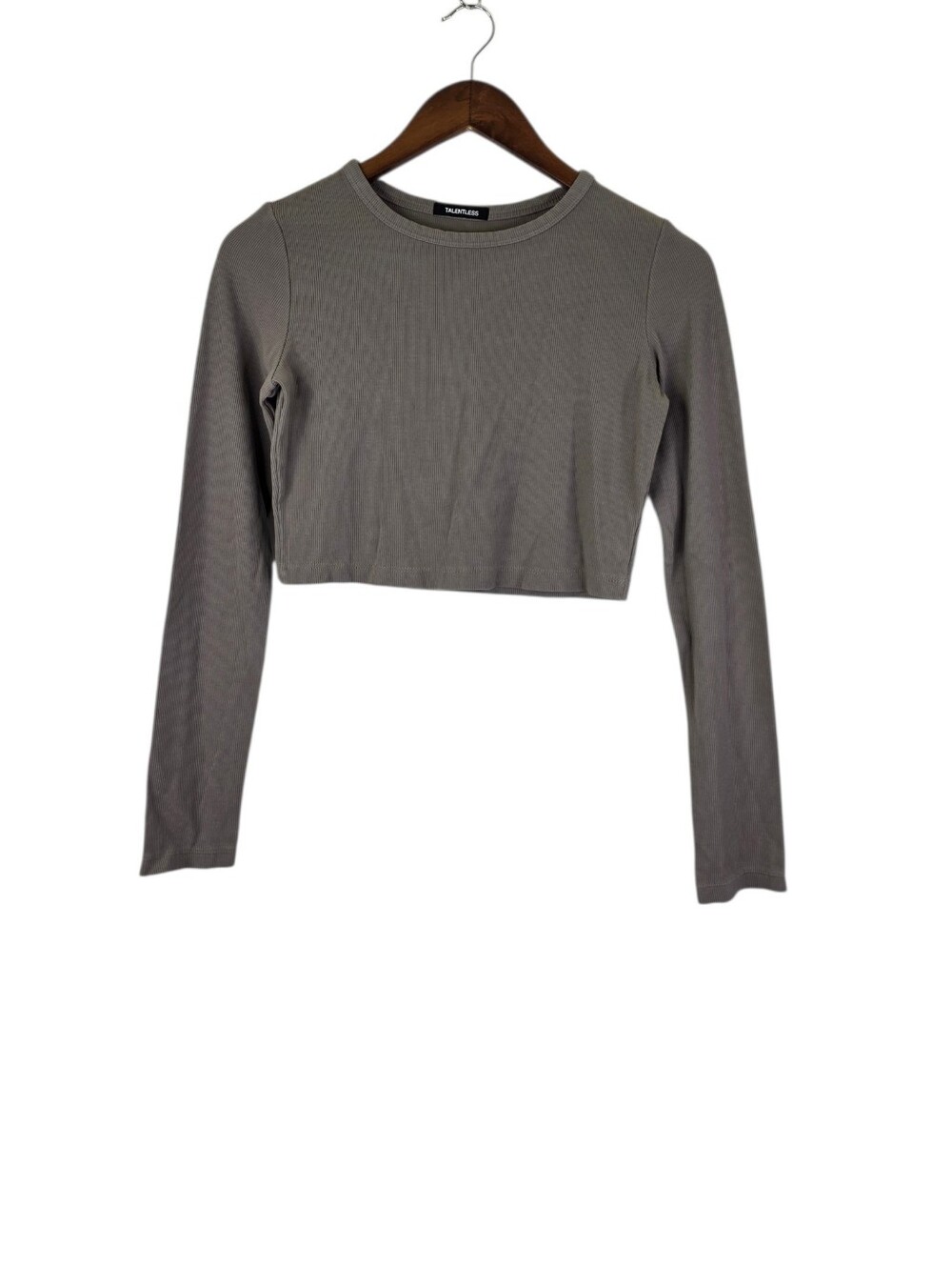 Talentless Womens Size Medium Ribbed Knit Long Sleeve Cropped Tee Grey Crew Neck